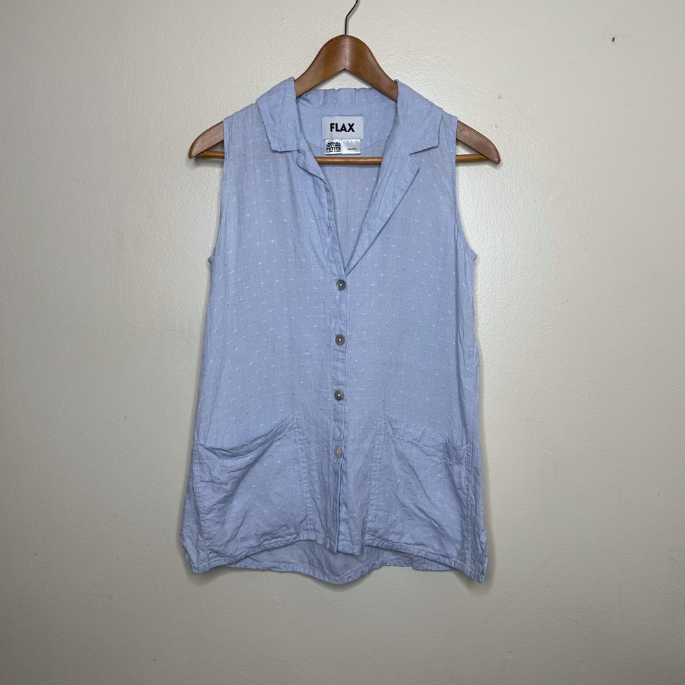 FLAX Sleeveless Button Down Top Light Blue Linen Dobby Dot size Petite (4-6)